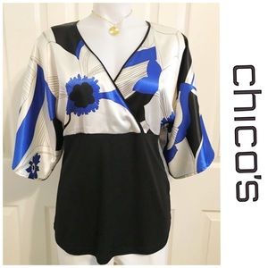 Chico’s, 3/4” Sleeve Pattered V Neckline Top